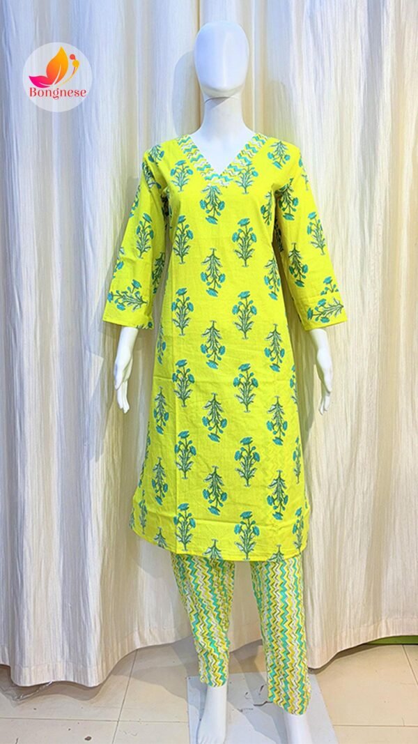Green Color V-Neck Flower Printed Two Piece Set