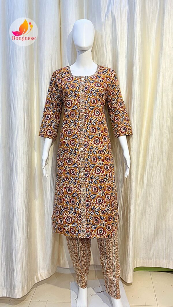 Yellow Kalamkari Printed Round Neck Two-Piece Set