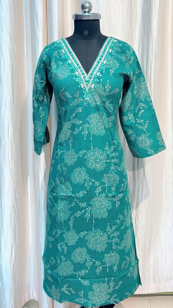 Sea Green V-Neck Silk Kurti with Mirror Work