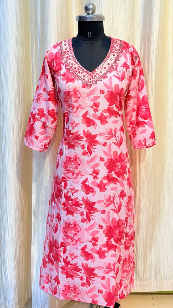 Pink Color Leaf Pattern V-Collar Silk Kurti
