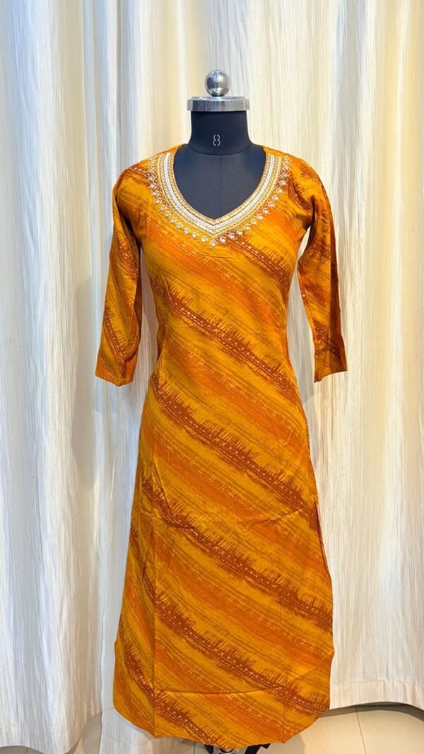 Deep Yellow Leaf Pattern V-Collar Silk Kurti
