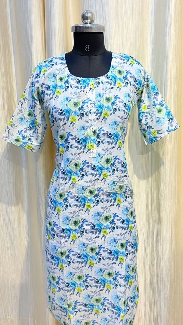 White Silk Kurti with Sky Flower Pattern & Round Neck