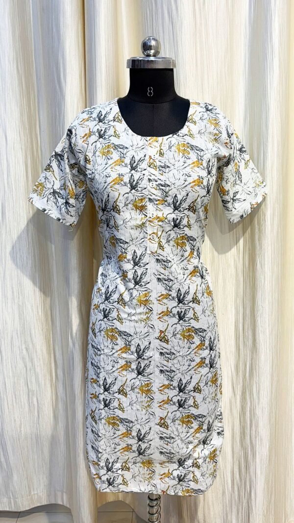 White Base Leaf Design Silk Round Neck Kurti