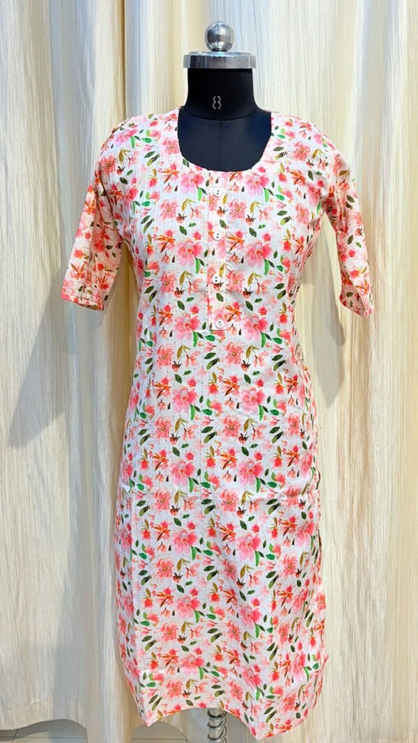 White Kurti with Pink Flower & Green Leaf Pattern