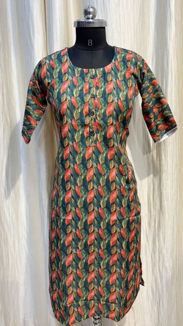 Deep Green Color Leaf Pattern Silk Round Neck Kurti