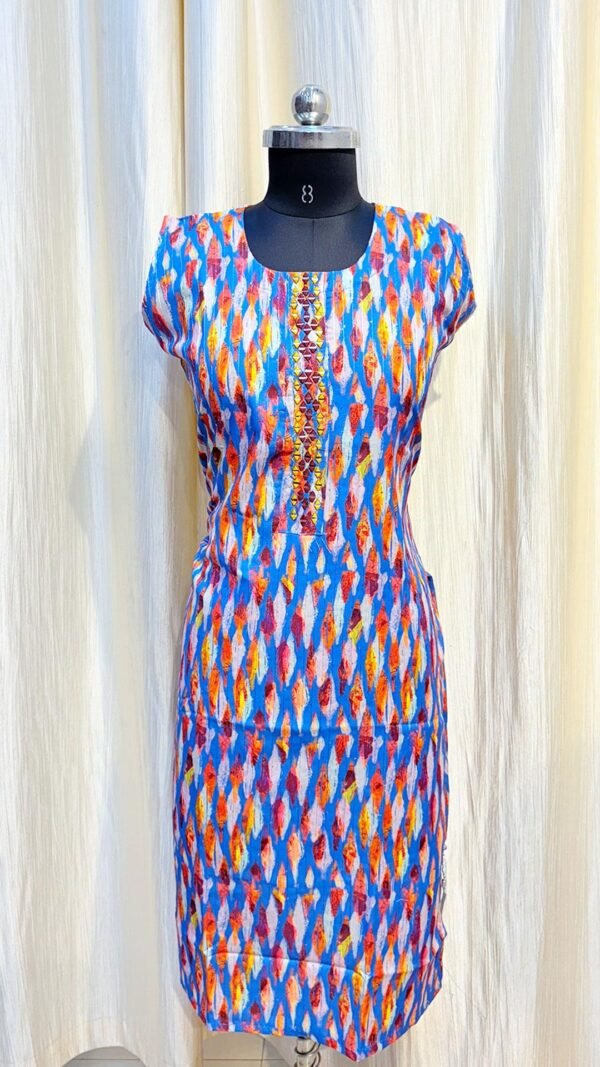Blue & Yellow Barfi Design Sleeveless Kurti