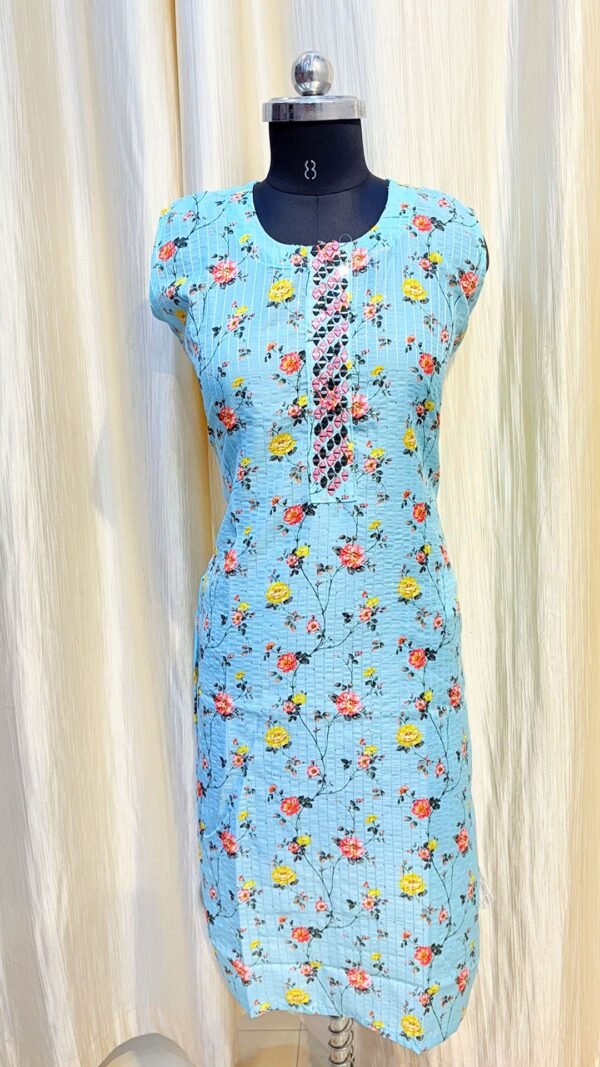 Sky Color Leaf Pattern Sleeveless Kurti