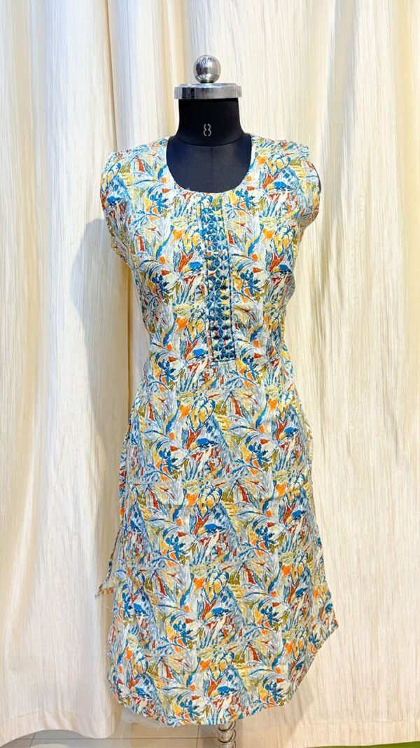 Green Color Yellow & Blue Splash Pattern Mirror Strip Sleeveless Kurti