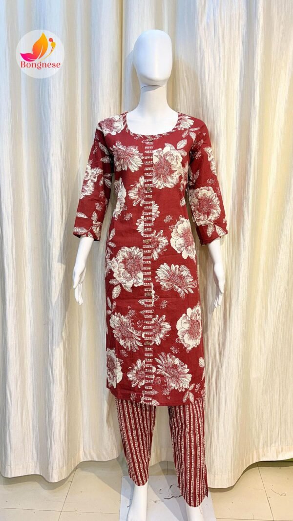 Merun Color Round Neck White Flower Printed Two Piece Set