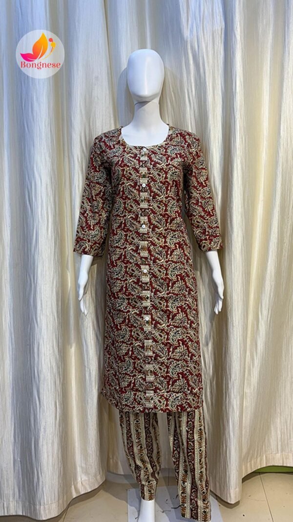 Maroon Color Kalamkari Printed Round Neck Two Piece Set