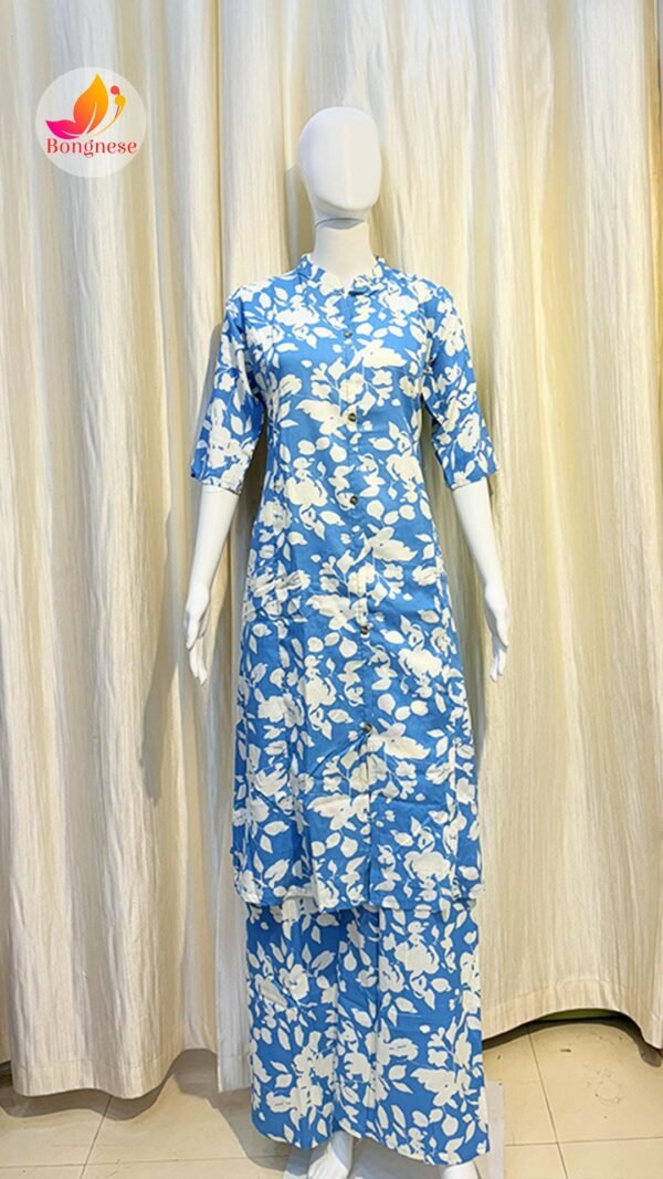 Blue Color White Flower Print Long Co-Ord Set