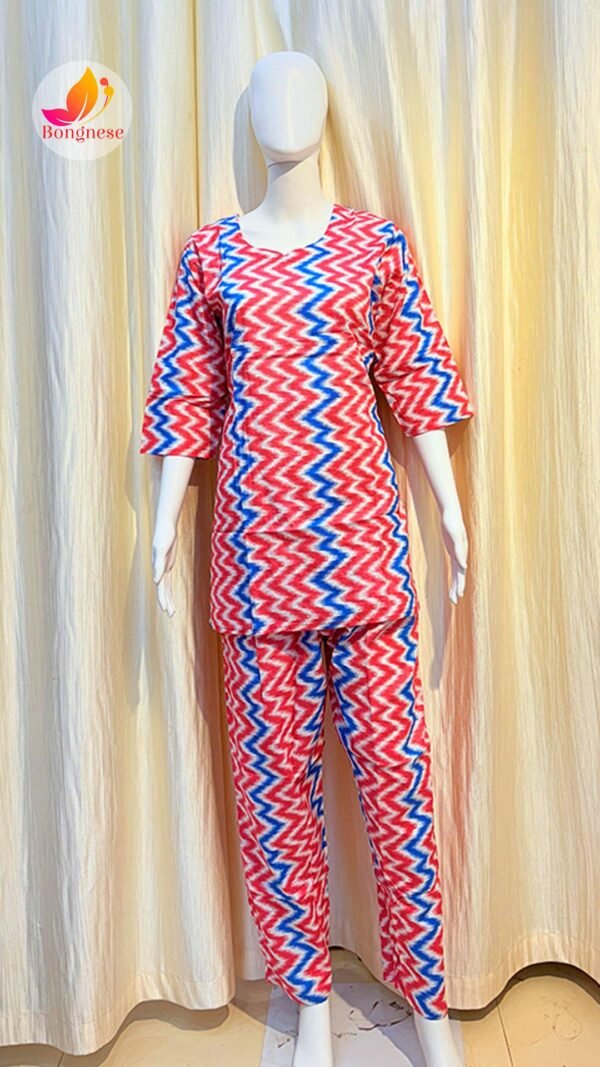 Red Blue Zigzag Print Cotton Co-Ord Set