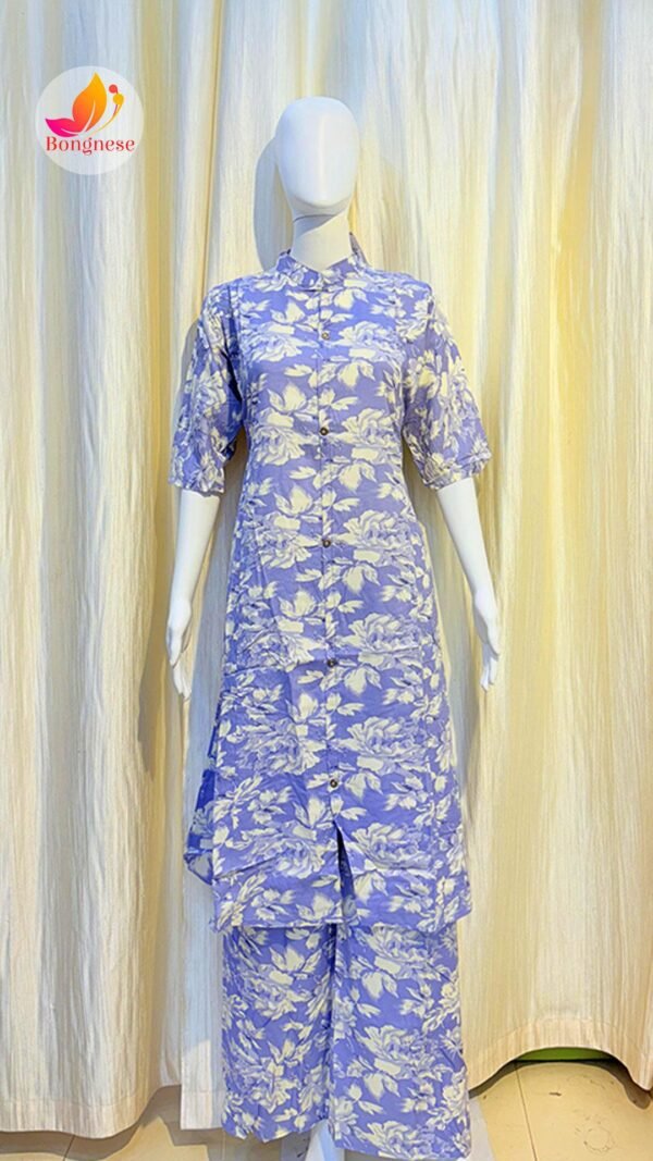 Purple Color White Flower Print Long Co-Ord Set