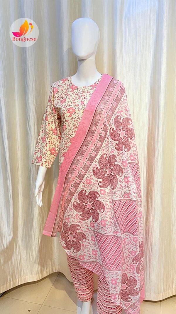 Pink Cotton Flower Print Kurti Set With Dupatta