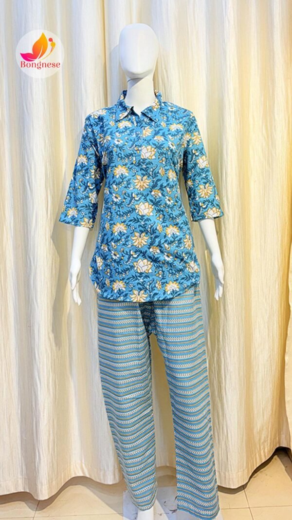 Sky Color White Flower Print Cotton Short Co-Ord Set