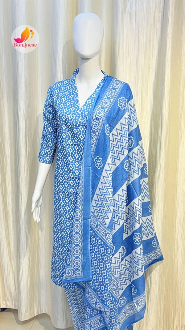 Sky Cotton Printed Kurti Set With Dopatta