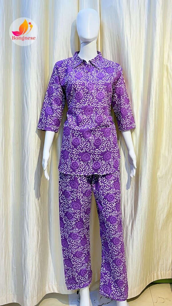 Purple Color White Flower Print Cotton Short Co-Ord Set