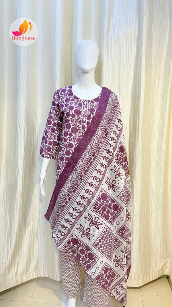 Purple Cotton Printed Kurti Set with Dupatta