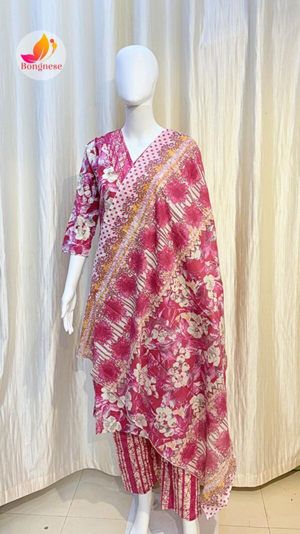 Pink Cotton V NECK DESIGN Kurti Set With Dopatta