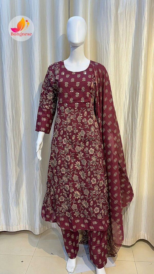 Maroon Round Neck Anarkali Gher Three-Piece Set with Motif Mirror Work