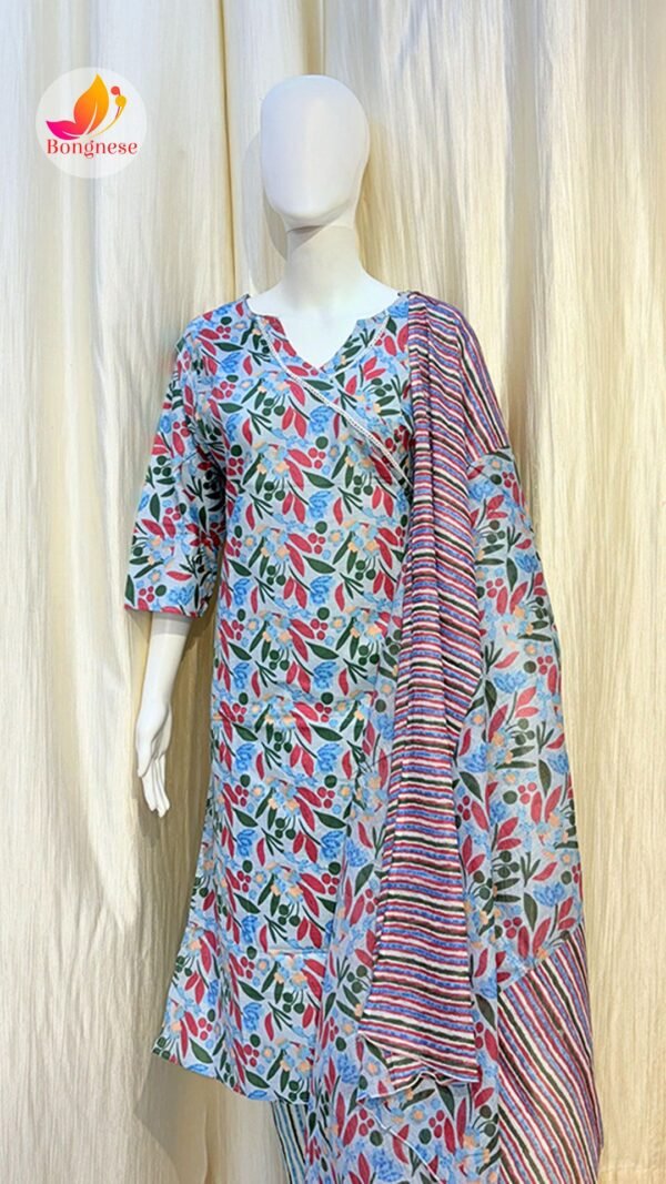 Sky Cotton Floral Print Kurti Set With Dopatta