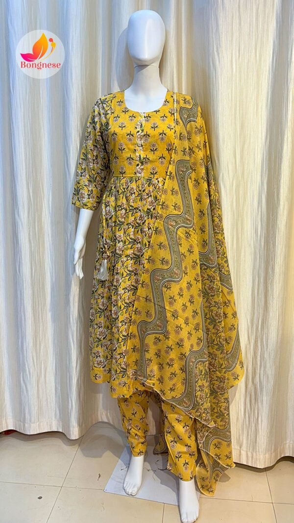Yellow Round Neck Anarkali Gher Three-Piece Set