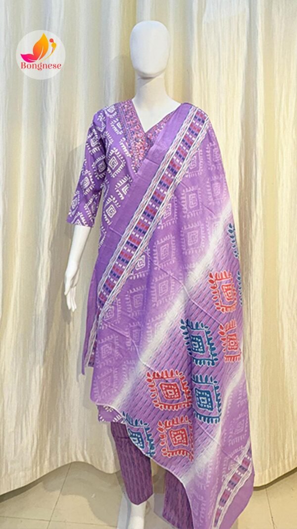 Purple Cotton V-Neck Design Kurti Set with Dupatta