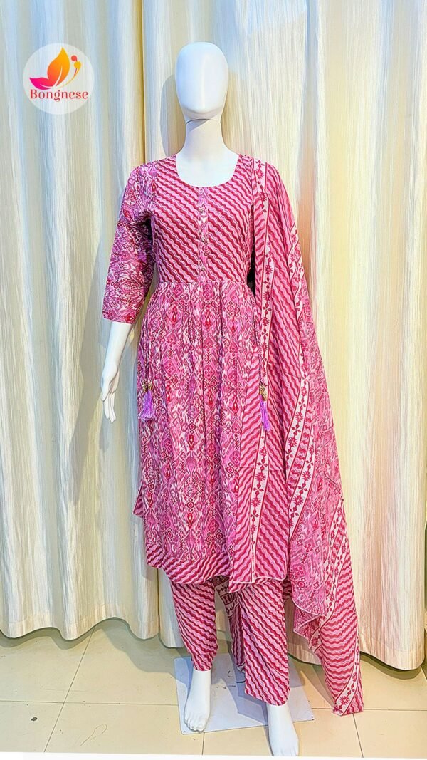 Pink Round Neck Anarkali Gher Three-Piece Set