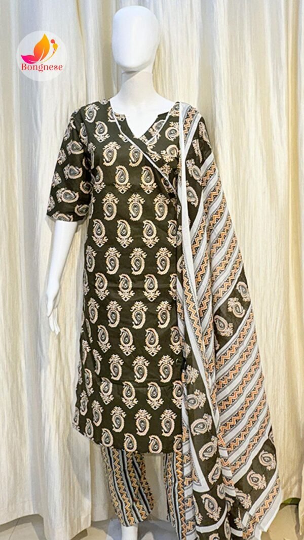 Deep Green Cotton Floral Print Kurti Set With Dopatta