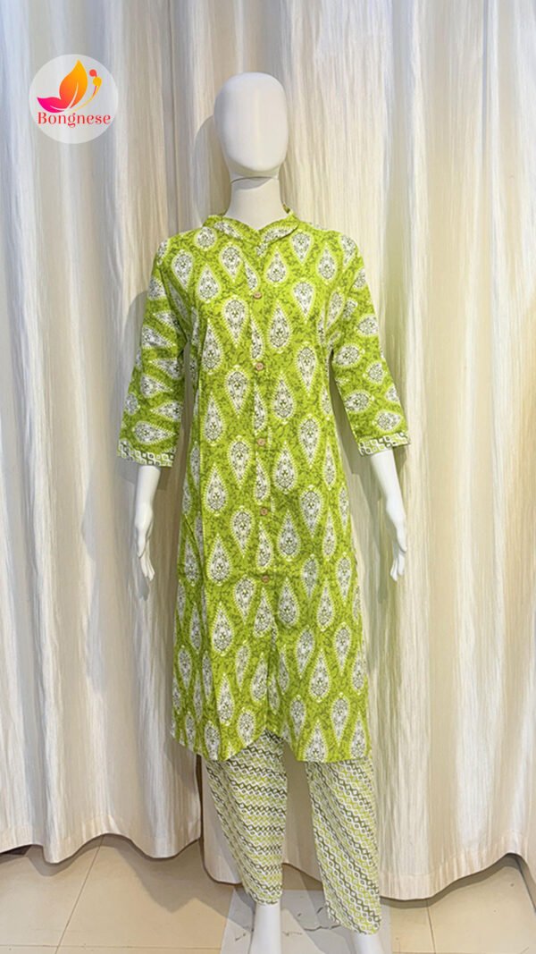 Green Cotton Motif Print Kurti Set
