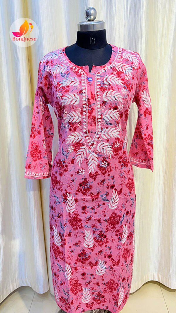 Pink Base Kurti with White Leaf Chikankari on Mul Cotton