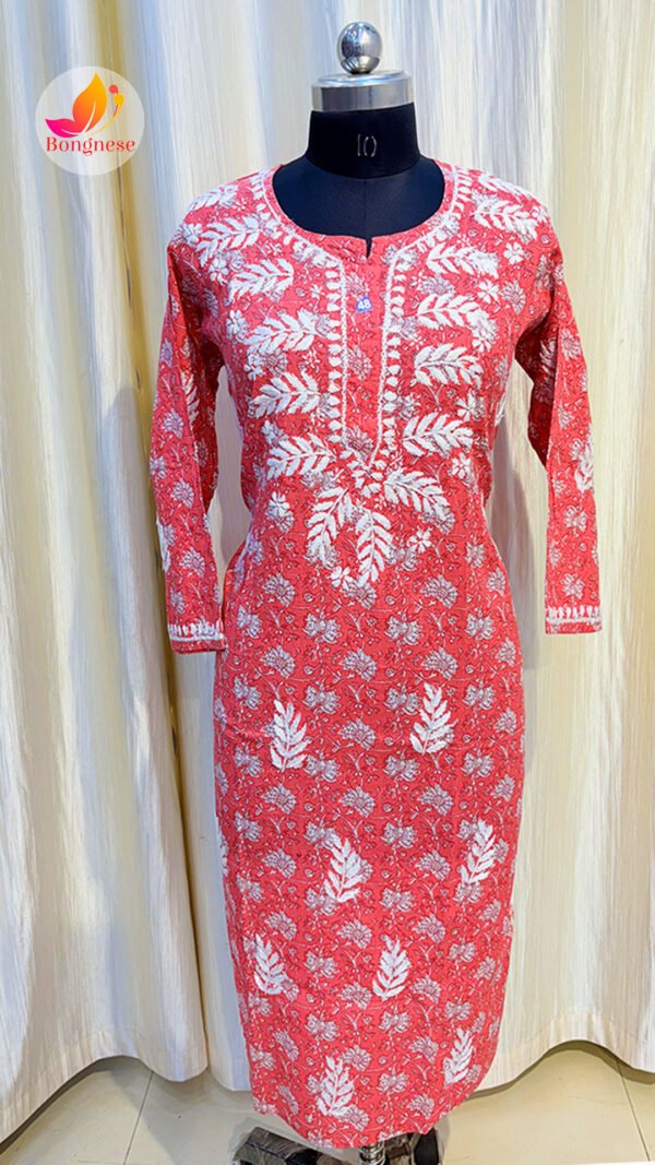 Peach Base Kurti with White Leaf Chikankari on Mul Cotton