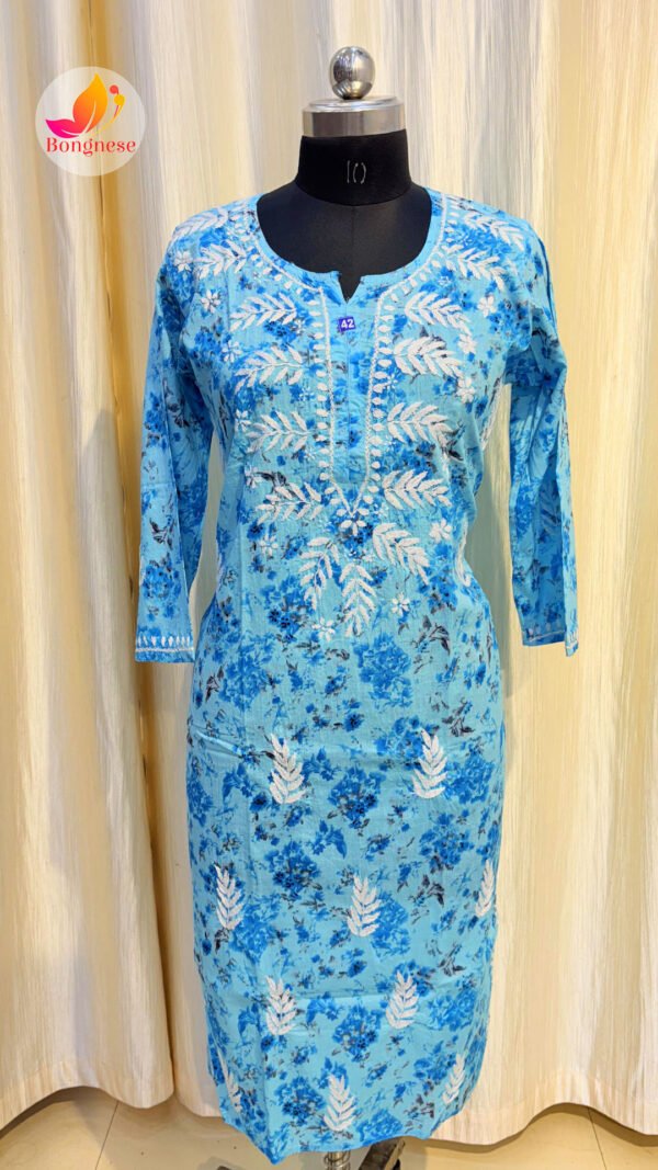 Sky Base Kurti with Blue & White Leaf Chikankari on Mul Cotton