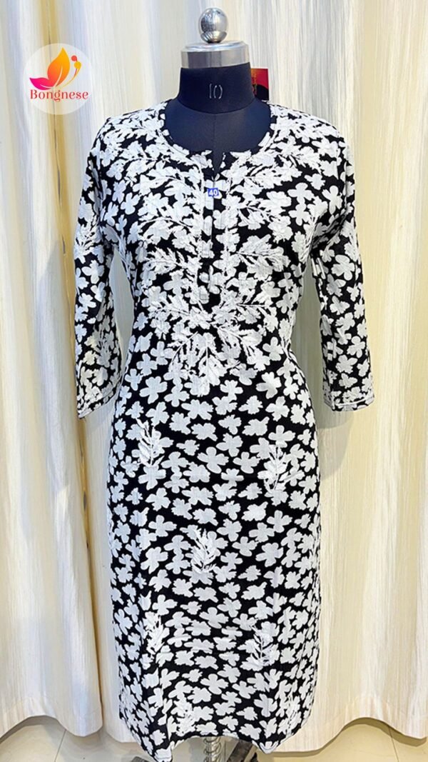 Black Kurti with Floral Print & White Leaf Chikankari on Mul Cotton