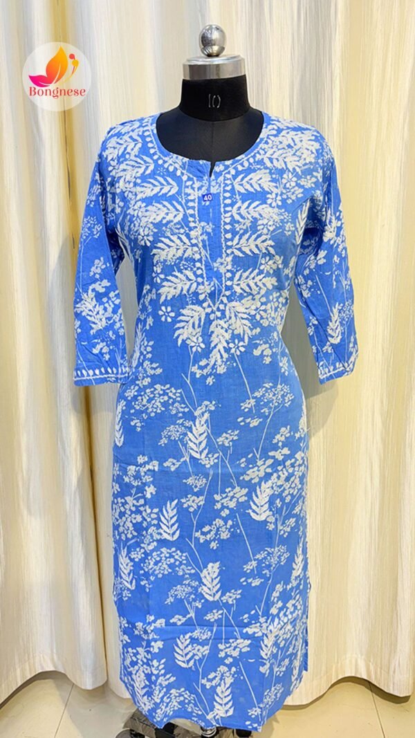 Blue Kurti with Floral Print & White Leaf Chikankari on Mul Cotton