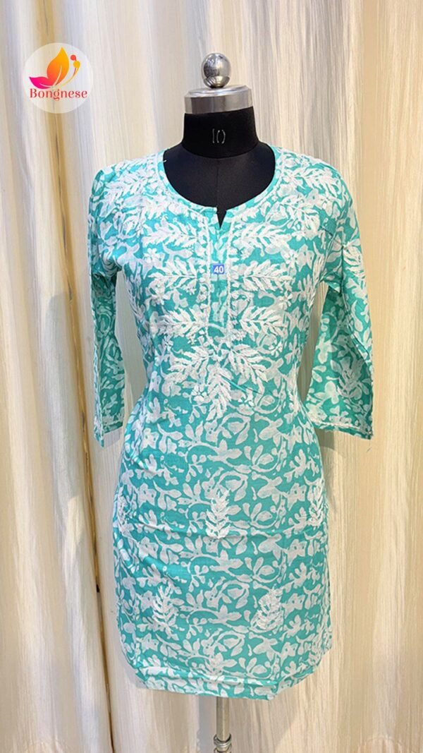 Sea Green Kurti with Floral Print & White Leaf Chikankari on Mul Cotton