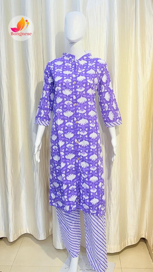 Purple Color Chinese Collar Cotton Two Piece