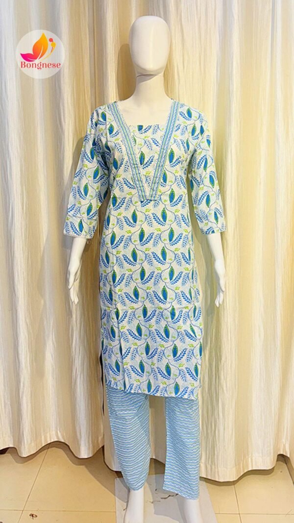 White Color Blue Leaf Printed V-Neck Design Cotton Two Piece