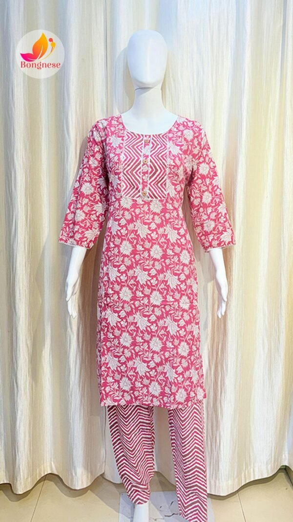 Peach Pink Color Round-Neck Design Cotton Two Piece