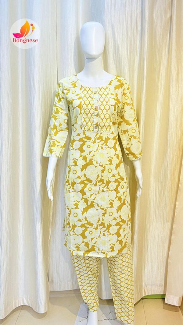 Yellow Color Round-Neck Design Cotton Two Piece