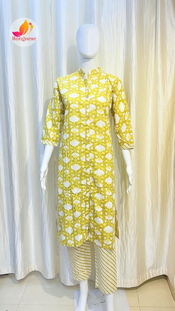 Yellow Color Chinese Collar Cotton Two Piece