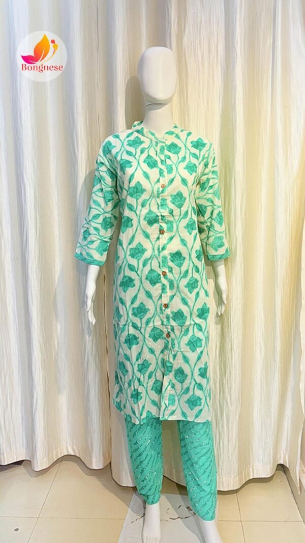 Celestial Green Color Chinese Collar Cotton Two Piece