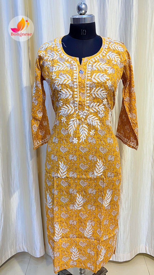Yellow Base Kurti with White Leaf Chikankari on Mul Cotton