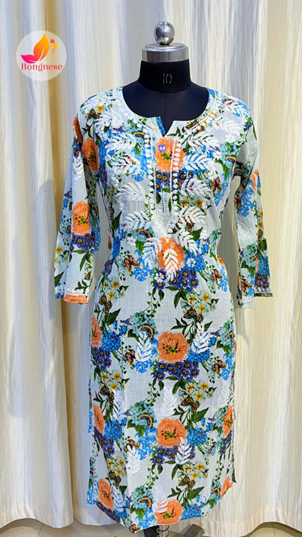 White Blue Flower leaf design Chikankari Mul Cotton Kurti