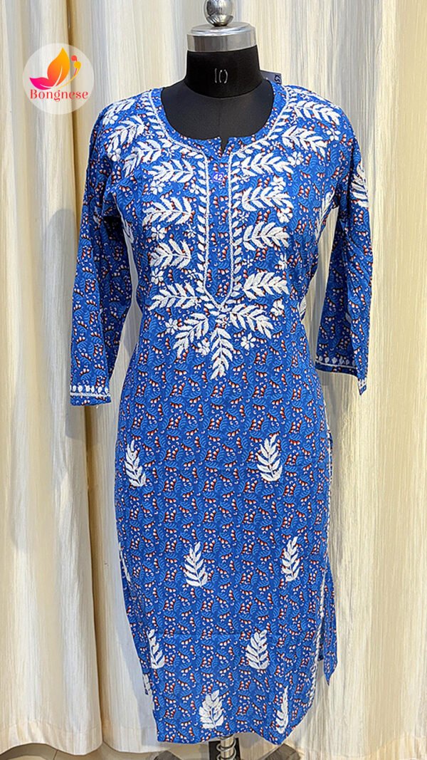 Blue White Leaf Chikankari Mul Cotton Kurti
