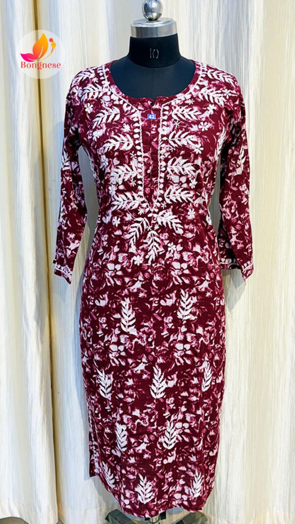 Maroon White Leaf Chikankari Mul Cotton Kurti