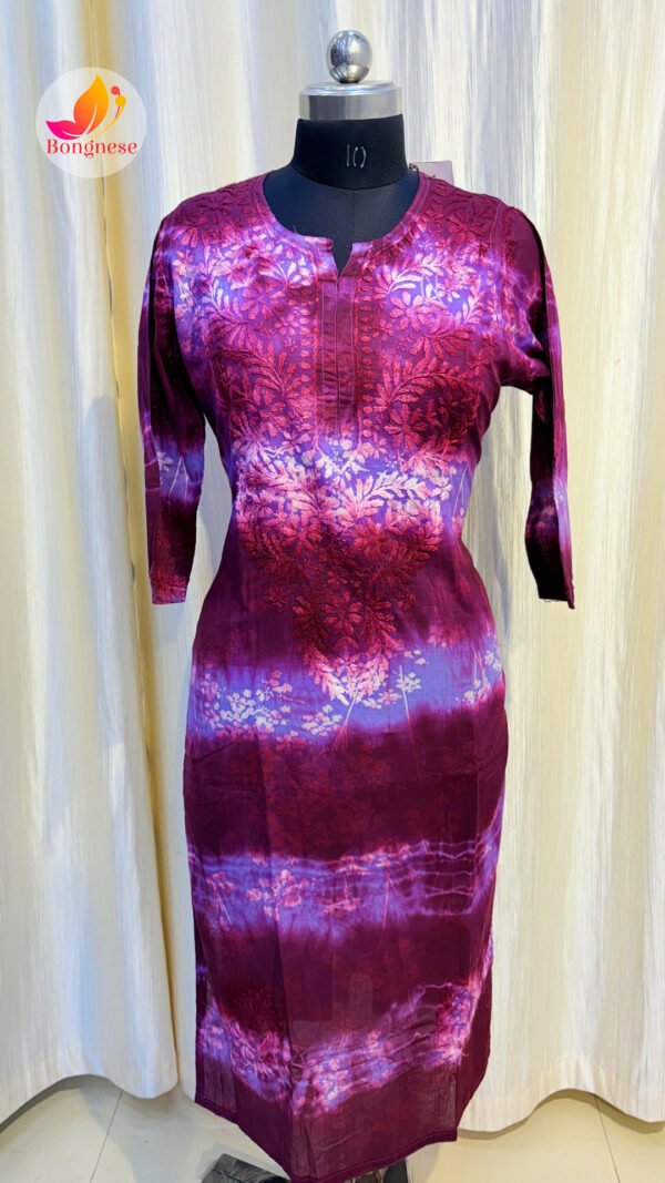 Purple Color Kurti with White Leaf Chikankari on Mul Cotton