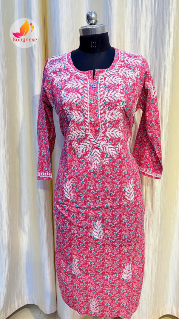 Pink Base Kurti with White Leaf Chikankari on Mul Cotton