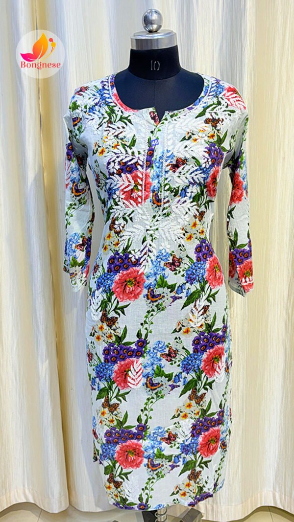 White Base Kurti with Blue & Peach Floral Chikankari on Mul Cotton