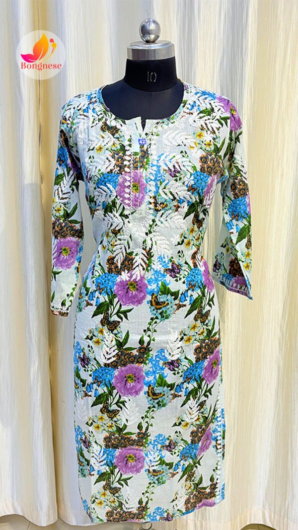 White Base Kurti with Purple & Sky Floral Leaf Print and Chikankari on Mul Cotton Kurti
